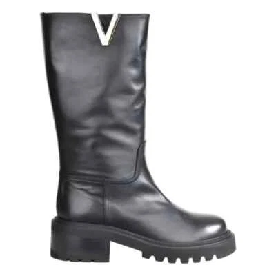 Biker Via Roma 15 En Cuir Noir Avec V Argent Art. 3997 Talon H 5Cm - Photo 1/4