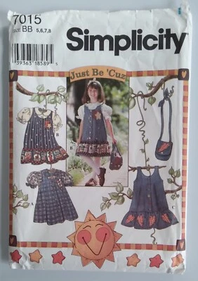 VINTAGE SIMPLICITY #7015 GIRLS SIZES 5-6-7-8 JUMPER DRESS BLOUSE PURSE PATTERN - Image 1 of 4