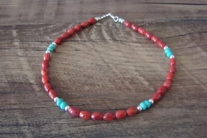 Navajo Hand Strung Coral and Turquoise Beaded Anklet by D. Jake - Picture 1 of 6