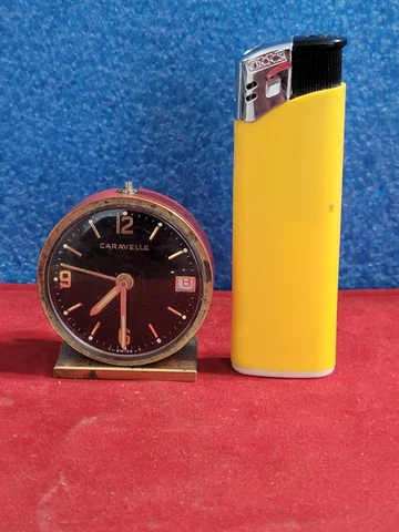 Vtg CARAVELLE Swiss 7 Jewels 41.5 mm Miniature Travel Date Alarm Clock WORKS.OBO Cover