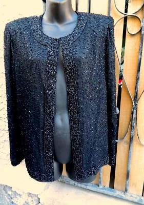 CHAQUETA LAURENCE KAZAR LENTEJUELAS CUENTAS NEGRA TALLA L VINTAGE CIERRE 7 GANCHOS Foto 1 de 4