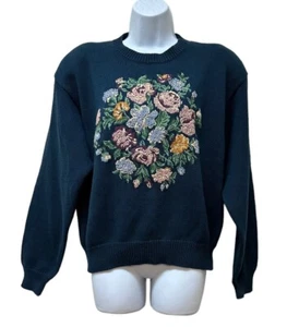 Vintage Liz Claiborne Lizsport handbestickter Pullover Gobelin Blumen L NEU - Bild 1 von 11