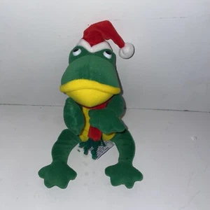 1988 Chrisha Playfull Plush Green Bean Bag Christmas Frog with Red Hat and Scarf - Picture 1 of 6