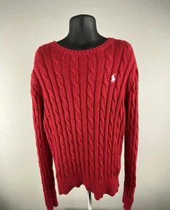 POLO RALPH LAUREN Kids Red Cable Knit Cotton Sweater White Pony Size M 8-10 - Picture 1 of 5