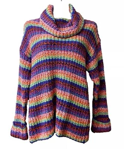 Forever 21 Sweater Medium Oversized Rainbow Chunky Turtleneck Cotton Crochet - Picture 1 of 16