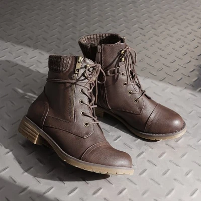 Mujeres Botas de Combate con Cordones Tacón Bajo Punta Redonda Botines Zapatos Foto 1 de 4