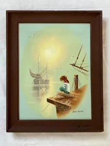 Vintage David Casper original oil painting Girl fishing boat signed framed 1985 - Picture 1 of 6
