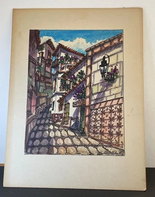 Pintura Acuarela Original Joel Cabrera 1978 De Calle Empedrada Foto 1 de 4