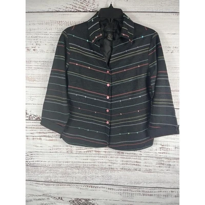 Jaqueta feminina Silk Land pequena preta multicolorida lantejoulas botão frisado fantasia top - Imagem 1 de 4