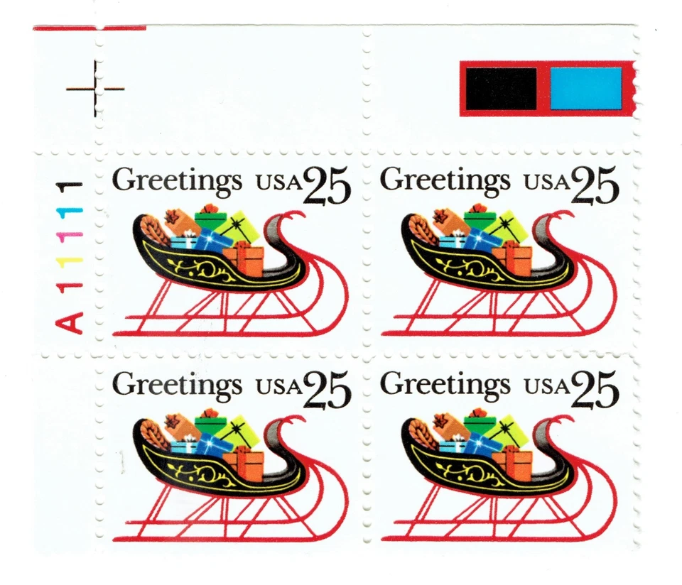 U.S. #2428 1989 25¢ Antique Sleigh with Presents Plate Block of 4 NH OG - Image 1 of 1
