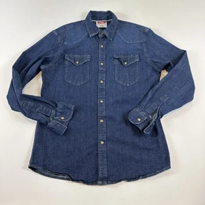 Wrangler Denim Shirt Jean Jacket Pearl Snap Blue Western Cowboy Rodeo Longsleeve - Picture 1 of 8