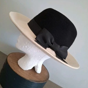 Kate Spade New York breite Krempe Fedora atemberaubende raffinierte Wollschleife schwarz creme - Bild 1 von 9