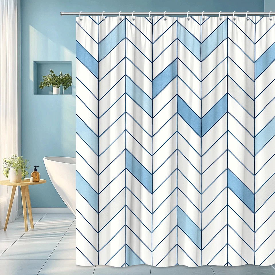 Cortina de ducha Chevron azul para decoración de baño moderna Foto 1 de 4