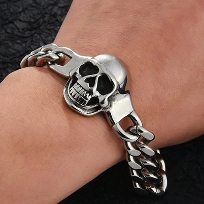 Men's Titanium Steel Skull Charm Bracelet Vintage Punk Style Accessory 9" Cuban - Image 1 of 4