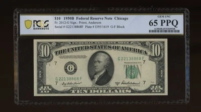 DBR 1950-B $10 Chicago Gem Fr. 2012-G PCGS-B 65 PPQ Serial G22138868F - Image 1 of 2