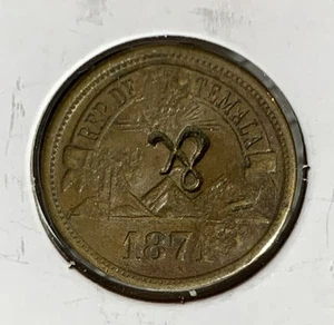 1871 GUATEMALA 1 CENTAVOS WITH COUNTMARK LB R AND &, COPPER COIN - Picture 1 of 3