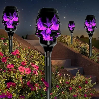 Halloween Solar Pathway Lights 4 Pack Spooky Skulls Solar Torch Flame Purple US - Image 1 of 4