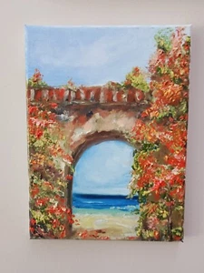 Italy Flower Arch To The Sea NEW! Original Painting 9x12” Vintage Oil On Canvas - Picture 1 of 3