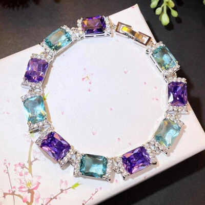 New Mix Color Light Blue Topaz Amethyst Gemstone Silver Women Bracelets 7.4 inch - Image 1 of 4