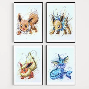 Juego de estampado de bolígrafo Eevee, Jolteon, Flareon y Vapereon, póster de arte de Pokémon - Imagen 1 de 3