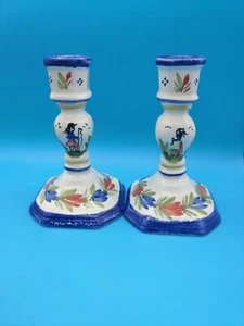 Pair Of Vintage Henriot Quimper Porcelain Candlestick Holders - France - 5.75” - Picture 1 of 6