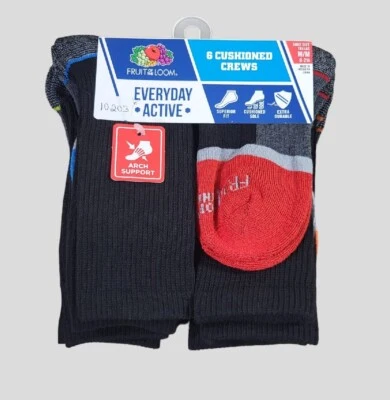 FRUIT OF THE LOOM Boy Socks Crew Cushioned Arch Support 6 Pair Shoe Size 9C-2.5Y - Image 1 of 4