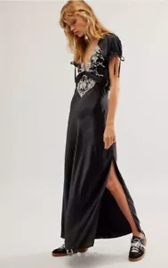 Free People Cooper Maxi Dress Embroidery Floral Embellish Tie Sleeve Black 6 NWT - Picture 1 of 6