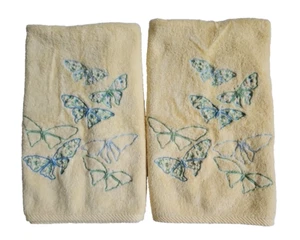 AKOVA 100% COTTON EMBROIDERED 2 Yellow Hand Towels With Blue Butterflies 18X28" - Picture 1 of 9