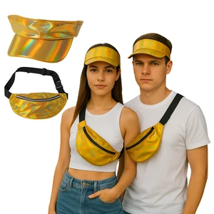 Set mit glänzender metallischer Festival-Schirmmütze & Bauchtasche für Erwachsene – glänzende holografische Bauchtasche - Bild 1 von 17