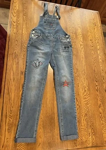 RARE Justice Overalls Girl's Size 12 Blue Cuffed Bibs Jeans Denim w/Tattoo Art - Picture 1 of 15