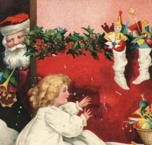 c1900 Christmas Bedtime Child Nightgown Awake Santa Hiding Stockings Toys B520 - Picture 1 of 3