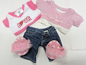 Build a Bear Babw girls lot Tops jean shorts fluffy slippers love pink - Picture 1 of 5