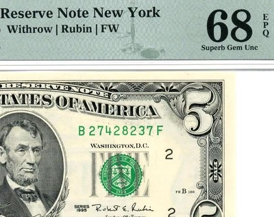 1995 $5 New York Federal Reserve Note FRN • 1985-B • PMG 68 EPQ ((TOP POP)) - Image 1 of 3