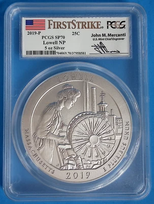 2019-P 25C Lowell National Park 5 Oz Silver PCGS SP70 Signed John Mercanti - Image 1 of 2