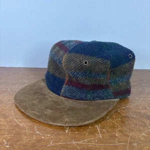 Vintage American Eagle Plaid Wool Leather Suede Hat Baseball Cap USA Adjustable - Picture 1 of 9