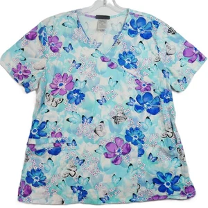 Cherokee Damen Größe XL Blau Scrub Schmetterlinge Blumen Print V-Ausschnitt Top - Bild 1 von 12