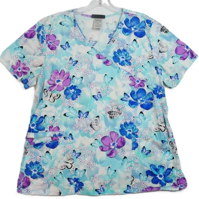 Cherokee Womens Size XL Blue Scrub Butterflies Flowers Print V Neck Top - Image 1 of 4