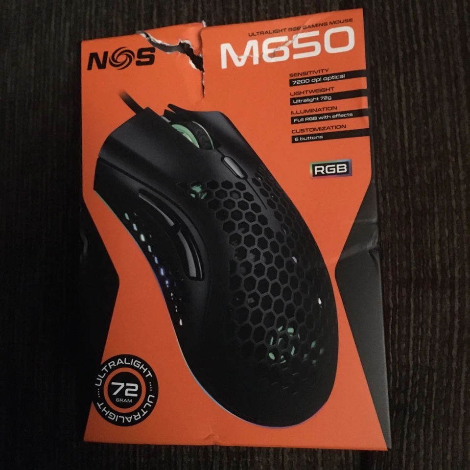 NOS Ultralight RGB Gaming Mouse M650 - 7200 DPI Optical - Black damaged box - Image 1 of 1