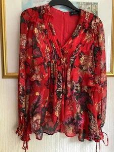 THE KOOPLES PARIS RED/GOLD FLORAL SILK MIX RUFFLE  TOP/BLOUSE 2 UK SIZE 10 - Picture 1 of 7