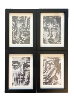 Cuatro mujeres - Dibujos artísticos originales vintage - Carbón sobre papel - Enmarcado y mate Foto 1 de 4