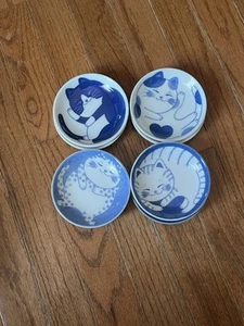 Small Cute Ceramic Dishware Sets, Kawaii Cat Plates, Blue Shushi Plate Set of 8 - Picture 1 of 4