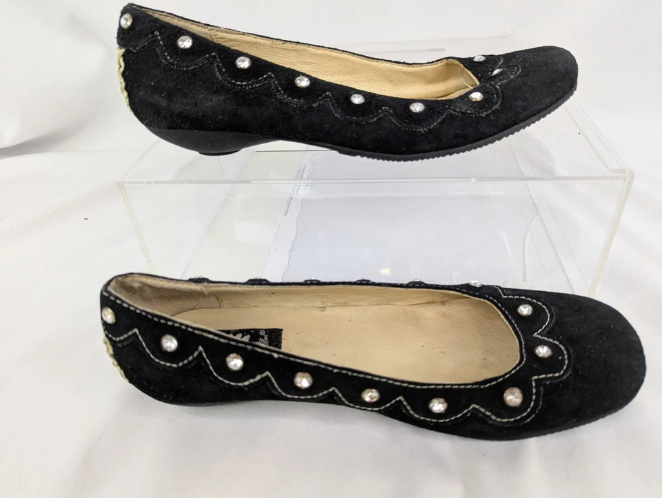 Suede Low Heel Yellow Box Black Leather Rhinestone Shoes Jackie Womens Size 6.5 - Image 1 of 4