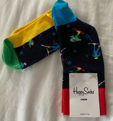Happy Socks Crew Socks Mens Sz 8-12 Novelty Footwear Skiing Multi Color New - Image 1 of 4
