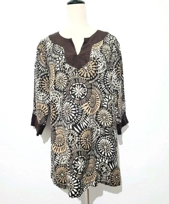 Top túnica East 5th XL para mujer marrón beige negro estampado geométrico manga 3/4 lino Foto 1 de 4