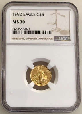 Moneda American Gold Eagle 1992 $5 NGC MS70 1/10 OZ Foto 1 de 2