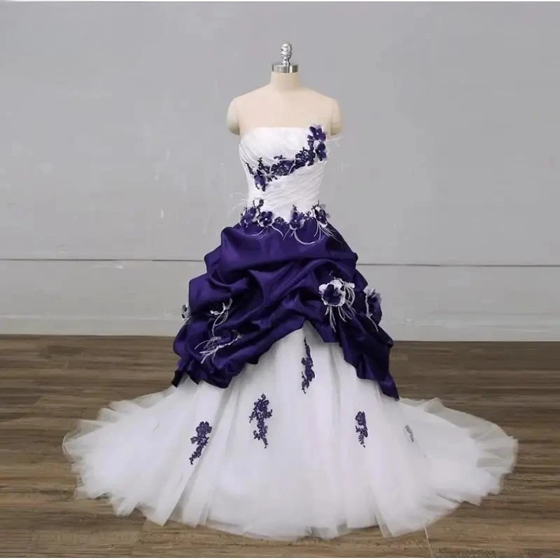 A-Line Wedding Dresses Chapel Tulle Satin Strapless Floor-Length Bridal Gowns - Image 1 of 4