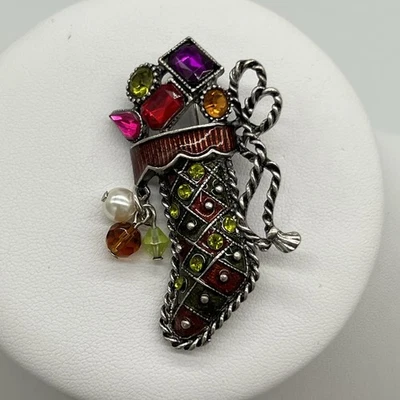 Broche Medias Navidad De Colección Kenneth Cole Esmalte Estrás Cuentas Firmado Foto 1 de 4