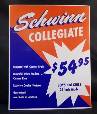 ** SIGNO DE EXHIBICIÓN TIENDA SCHWINN BICICLETA COLEGIATA ORIGINAL 14" X 103/4" ** Foto 1 de 3