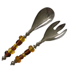 Vintage Acrylic Beaded Salad Server Fork And Spoon Silver Brown Amber Beads 11”