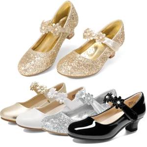 US Baby Girls Mary Jane Dress Shoes Pumps Low Heels Flower Party Wedding Shoes - Picture 1 of 38